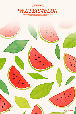 PSD 백그라운드 잎 패턴 일러스트 수채화 사람없음 빨간색 연두색 배열 수박씨 수박조각 국내일러스트 식물 컬러 조각 무늬 수박 씨앗 초록색 파일형식