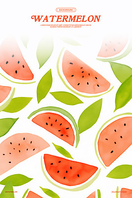 PSD 백그라운드 잎 패턴 일러스트 수채화 사람없음 빨간색 연두색 배열 수박씨 수박조각 국내일러스트 식물 컬러 조각 무늬 수박 씨앗 초록색 파일형식