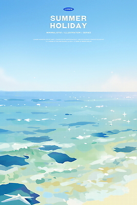 PSD 물결 바다 하늘색 일러스트 하늘 수채화 불가사리 사람없음 여름휴가 반짝임 고요 여름풍경 시원함 수평선 윤슬 국내일러스트 모션 휴가 극피동물 풍경 파란색 파일형식 여름_계절