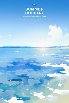 PSD 구름 물결 바다 하늘색 일러스트 하늘 수채화 사람없음 여름휴가 햇빛 고요 여름풍경 시원함 수평선 윤슬 국내일러스트 자연요소 휴가 풍경 파란색 태양 파일형식 여름_계절