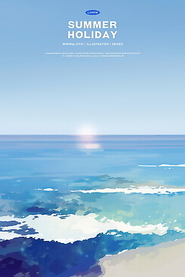 PSD 물결 바다 하늘색 일러스트 하늘 수채화 사람없음 여름휴가 햇빛 고요 여름풍경 시원함 수평선 윤슬 국내일러스트 휴가 풍경 파란색 태양 파일형식 여름_계절