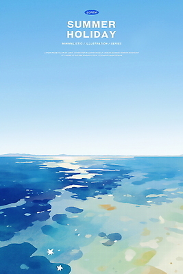 PSD 물결 바다 하늘색 일러스트 하늘 수채화 사람없음 여름휴가 고요 여름풍경 시원함 수평선 윤슬 국내일러스트 휴가 풍경 파란색 파일형식 여름_계절