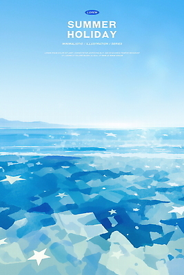 PSD 별 물결 바다 하늘색 일러스트 하늘 수채화 사람없음 여름휴가 고요 여름풍경 시원함 수평선 윤슬 국내일러스트 자연요소 휴가 풍경 파란색 파일형식 여름_계절