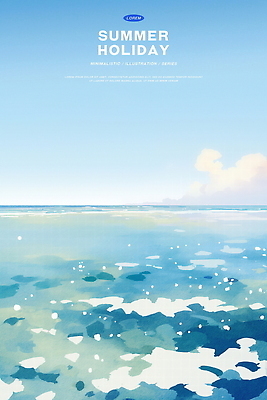 PSD 구름 물결 바다 하늘색 일러스트 하늘 수채화 사람없음 여름휴가 고요 여름풍경 시원함 수평선 윤슬 국내일러스트 자연요소 휴가 풍경 파란색 파일형식 여름_계절