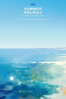 PSD 별 물결 바다 하늘색 일러스트 하늘 수채화 사람없음 여름휴가 고요 여름풍경 시원함 수평선 윤슬 국내일러스트 자연요소 휴가 풍경 파란색 파일형식 여름_계절