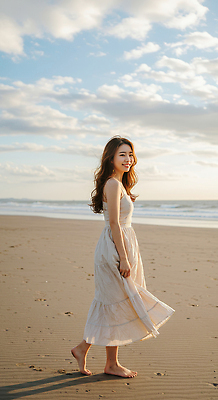 JPG 전신 구름 편집이미지 여자 여유 물결 바다 하늘 한명 웃음 성인 해변 옆모습 여름휴가 걷기 노을 잡기 쉬폰원피스 의료성형뷰티 성인여자한명만 편집실사 AI인물포토 AI콘텐츠 자연요소 1 원피스 감정 뷰포인트 모션 휴가 표정 사람 CG 여자한명만 성인여자만 파일형식 여름_계절 AI포토