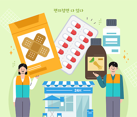 여자 남자 유니폼 일러스트 안내 미소 들기 성인 두명 연두색 반짝임 알약 손들기 쓰레기통 가리킴 반창고 약병 한약 즙 아르바이트 24시간 야외테라스 야외테이블 진통제 차양막 캐셔 편의점 플라스틱의자 성인만 국내일러스트 AI파일 직업 옷 의자 모션 탁자 표정 사람 손짓 초록색 약 상점 발코니 시간 의료용품 차양 병_담는 파일형식 벡터