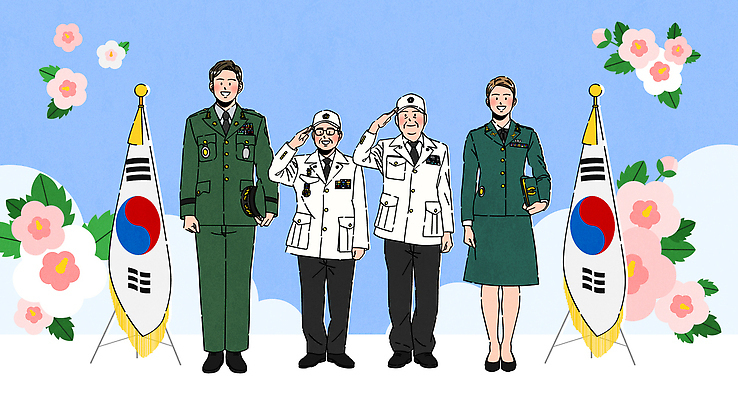 전신 구름 여자 노년 남자 일러스트 하늘 미소 들기 여러명 성인 태극기 군복 육군 무궁화 경례 군모 호국보훈의달 국내일러스트 AI파일 자연요소 꽃 다수 유니폼 모션 군대 표정 사람 인사 국기 6월 군용 파일형식 벡터