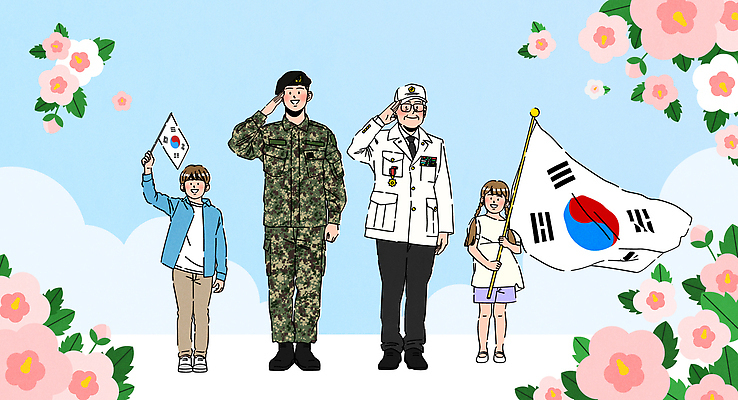 전신 구름 여자 노년 남자 어린이 일러스트 하늘 미소 들기 소녀 소년 여러명 성인 태극기 군복 육군 무궁화 경례 호국보훈의달 국내일러스트 AI파일 자연요소 꽃 다수 유니폼 모션 군대 표정 사람 인사 국기 6월 파일형식 벡터