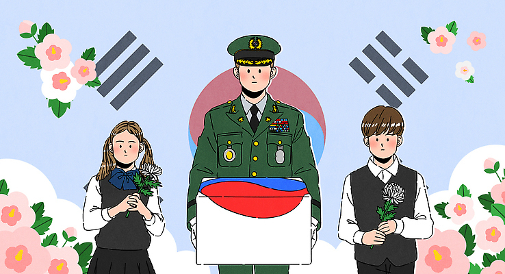 여자 남자 어린이 일러스트 국화 들기 소녀 상반신 성인 세명 태극기 군복 무궁화 군모 유골함 추모 호국보훈의달 국내일러스트 AI파일 꽃 유니폼 모션 사람 국기 6월 군용 장례 파일형식 벡터