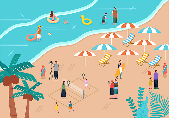 전신 여자 남자 어린이 잎 일러스트 물놀이 들기 소녀 소년 여러명 성인 해변 여름휴가 스마트폰 모래사장 야자수 달리기 손들기 카메라 사진촬영 여름풍경 잡기 파라솔 배드민턴라켓 서핑보드 네트 비치발리볼 해수욕장 즐거움 휴양지 선베드 배드민턴 풍선 튜브 거치대 오리튜브 국내일러스트 AI파일 나무 식물 감정 스포츠 바다 다수 의자 모션 놀이 휴가 사람 풍경 전자제품 핸드폰 스마트기기 구기 촬영 장소 라켓 보드_스포츠 비치볼 배구 파일형식 벡터 여름_계절