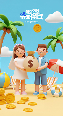 전신 PSD 구름 편집이미지 여자 남자 해외여행 하늘 면사포 3D캐릭터 미소 들기 성인 해변 두명 여름휴가 모래사장 야자수 3D 달러 동전 신혼여행 파라솔 돈자루 비치발리볼 선베드 튜브 성인만 이미지편집 편집3D 자연요소 나무 캐릭터 해외 바다 여행 결혼 돈 의자 모션 휴가 표정 사람 비치볼 배구 디지털합성 결혼소품 파일형식 여름_계절