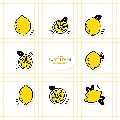 스티커 잎 일러스트 단면 사람없음 세트 노란색 레몬 엘리먼트 국내일러스트 AI파일 식물 컬러 과일 파일형식 벡터