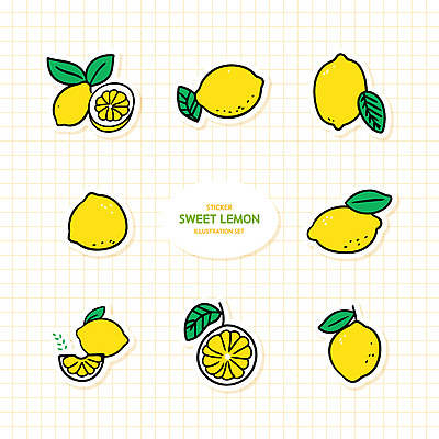 스티커 잎 일러스트 단면 사람없음 세트 노란색 레몬 엘리먼트 국내일러스트 AI파일 식물 컬러 과일 파일형식 벡터