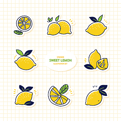스티커 잎 일러스트 단면 사람없음 세트 노란색 레몬 엘리먼트 국내일러스트 AI파일 식물 컬러 과일 파일형식 벡터