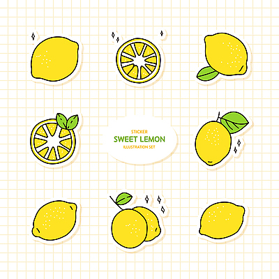 스티커 잎 일러스트 단면 사람없음 반짝임 세트 노란색 레몬 엘리먼트 국내일러스트 AI파일 식물 컬러 과일 모션 파일형식 벡터