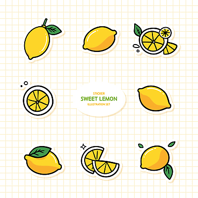 스티커 잎 일러스트 단면 사람없음 반짝임 세트 노란색 레몬 엘리먼트 국내일러스트 AI파일 식물 컬러 과일 모션 파일형식 벡터