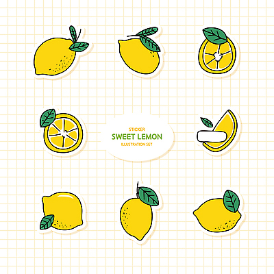 스티커 잎 일러스트 단면 사람없음 세트 노란색 레몬 엘리먼트 국내일러스트 AI파일 식물 컬러 과일 파일형식 벡터