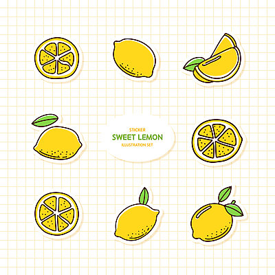 스티커 잎 일러스트 단면 사람없음 세트 노란색 레몬 엘리먼트 국내일러스트 AI파일 식물 컬러 과일 파일형식 벡터