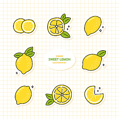 스티커 잎 일러스트 단면 사람없음 반짝임 세트 노란색 레몬 엘리먼트 국내일러스트 AI파일 식물 컬러 과일 모션 파일형식 벡터