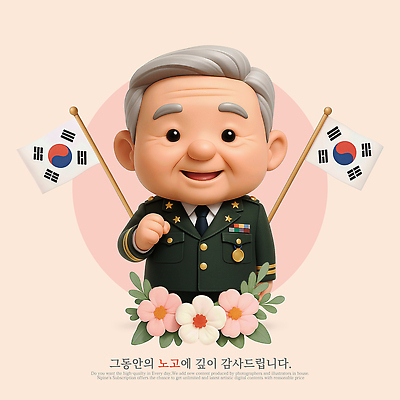 PSD 편집이미지 노년 남자 분홍색 잎 3D캐릭터 한명 미소 상반신 3D 주먹 군인 태극기 은퇴 군복 감사 무궁화 노인남자한명만 편집3D 식물 직업 캐릭터 1 꽃 감정 컬러 유니폼 모션 표정 사람 성인 국기 디지털합성 국군 남자한명만 노인남자만 파일형식