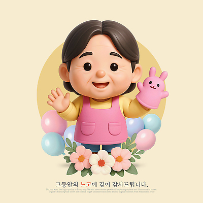 PSD 편집이미지 여자 중년 잎 3D캐릭터 한명 미소 들기 노란색 3D 손들기 앞치마 감사 풍선 무궁화 유치원선생님 손인형 중년여자한명만 편집3D 식물 캐릭터 1 꽃 감정 인형 컬러 모션 표정 사람 성인 교사 디지털합성 여자한명만 중년여자만 파일형식
