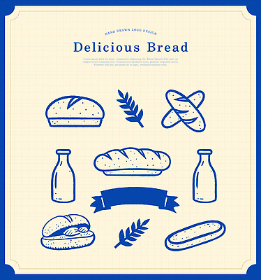 라인일러스트 일러스트 샌드위치 틀 사람없음 파란색 세트 라벨 빵집 빈티지 우유병 바게트 밀 심볼 라인아트 이삭 병우유 국내일러스트 AI파일 선 음식 빵 컬러 컨셉 병_용기 곡류 프레임 상점 우유 파일형식 벡터