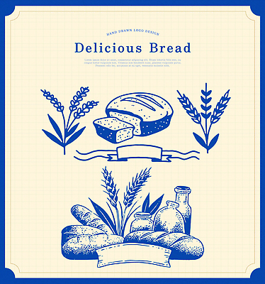 조각 라인일러스트 일러스트 사람없음 파란색 세트 라벨 빵집 빈티지 우유병 바게트 밀 심볼 라인아트 이삭 파이 병우유 국내일러스트 AI파일 선 빵 컬러 컨셉 병_용기 곡류 프레임 상점 우유 파일형식 벡터