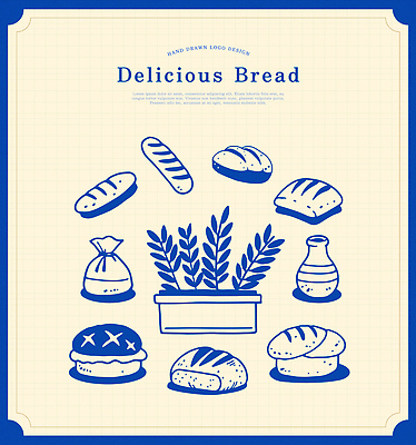 화분 라인일러스트 일러스트 사람없음 파란색 세트 라벨 빵집 빈티지 우유병 바게트 밀 심볼 라인아트 이삭 머핀 머핀틀 병우유 포대자루 국내일러스트 AI파일 선 빵 컬러 컨셉 병_용기 곡류 프레임 상점 우유 자루 파일형식 벡터