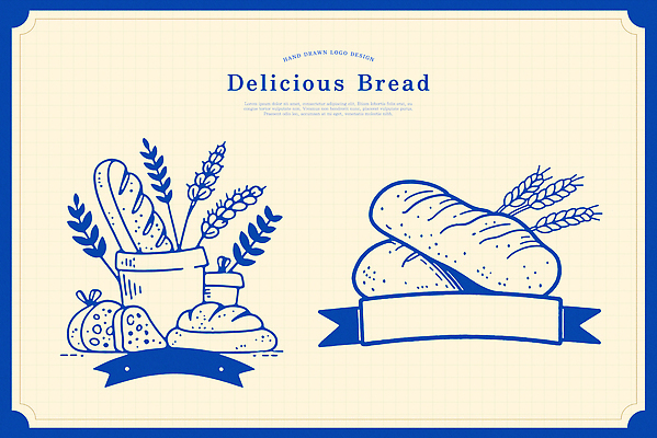 라인일러스트 일러스트 사람없음 파란색 세트 라벨 빵집 빈티지 바게트 밀 심볼 라인아트 이삭 자루 국내일러스트 AI파일 선 빵 컬러 컨셉 곡류 프레임 상점 파일형식 벡터