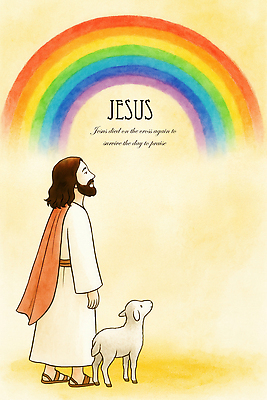 전신 PSD 남자 기독교 무지개 일러스트 수채화 한명 성인 노란색 평화 올려보기 양 예수 성인남자한명만 국내일러스트 자연요소 1 종교 컬러 컨셉 포유류 모션 사람 신_종교 남자한명만 성인남자만 파일형식