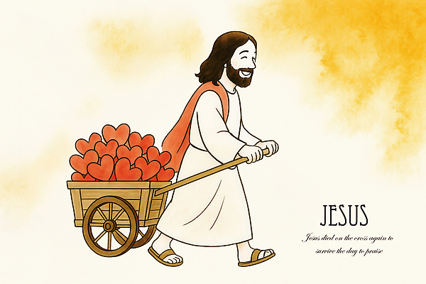 전신 PSD 남자 기독교 일러스트 수채화 한명 성인 노란색 수레 하트 예수 수레끌기 성인남자한명만 국내일러스트 모양 1 종교 컬러 사람 카트 신_종교 당기기 남자한명만 성인남자만 파일형식