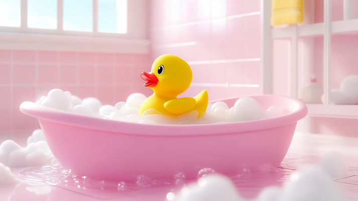 JPG 편집이미지 분홍색 창문 욕조 사람없음 3D 귀여움 타일 화장실 서랍장 버블 비누거품 오리장난감 편집3D AI컴퓨터그래픽 AI콘텐츠 컬러 가구 컨셉 장난감 거품 디지털합성 파일형식
