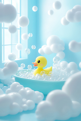 JPG 편집이미지 하늘색 창문 욕조 사람없음 3D 귀여움 화장실 버블 비누거품 오리장난감 편집3D AI컴퓨터그래픽 AI콘텐츠 컨셉 파란색 장난감 거품 디지털합성 파일형식