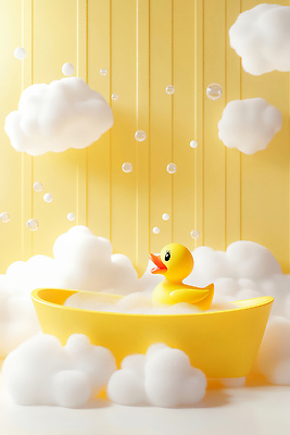 JPG 편집이미지 욕조 사람없음 노란색 3D 귀여움 화장실 버블 비누거품 오리장난감 편집3D AI컴퓨터그래픽 AI콘텐츠 컬러 컨셉 장난감 거품 디지털합성 파일형식
