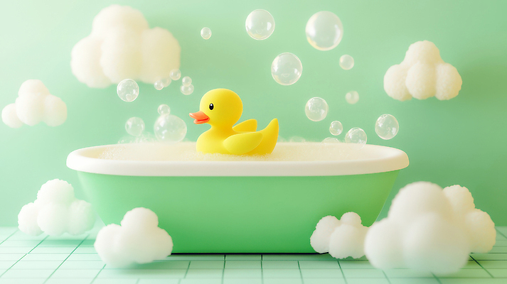 JPG 편집이미지 욕조 사람없음 연두색 3D 귀여움 화장실 버블 비누거품 오리장난감 타일바닥 편집3D AI컴퓨터그래픽 AI콘텐츠 컨셉 바닥 초록색 장난감 거품 디지털합성 파일형식