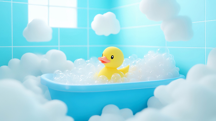 JPG 편집이미지 하늘색 창문 욕조 사람없음 3D 귀여움 타일 화장실 버블 비누거품 오리장난감 편집3D AI컴퓨터그래픽 AI콘텐츠 컨셉 파란색 장난감 거품 디지털합성 파일형식