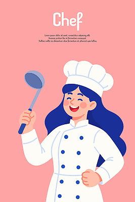 여자 허리손 일러스트 요리사모자 한명 웃음 들기 상반신 성인 요리사 조리복 국자 성인여자한명만 핑크리본 국내일러스트 AI파일 직업 모자_잡화 1 리본 포즈 유니폼 모션 주방용품 표정 사람 여자한명만 성인여자만 파일형식 벡터