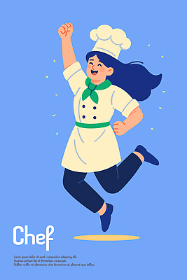 전신 여자 하늘색 일러스트 성공 요리사모자 한명 웃음 성인 손들기 점프 요리사 스카프 기쁨 만세 조리복 성인여자한명만 국내일러스트 AI파일 직업 모자_잡화 1 감정 컨셉 유니폼 모션 표정 사람 파란색 목도리 여자한명만 성인여자만 파일형식 벡터