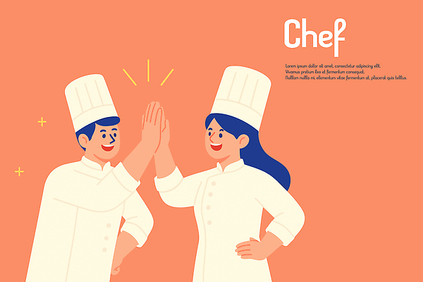 여자 남자 허리손 일러스트 요리사모자 웃음 상반신 성인 두명 요리사 주황색 스카프 조리복 하이파이브 성인만 국내일러스트 AI파일 직업 모자_잡화 컬러 포즈 유니폼 표정 사람 손짓 목도리 파일형식 벡터