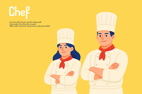 여자 남자 일러스트 요리사모자 미소 상반신 성인 두명 노란색 팔짱 요리사 스카프 자신감 조리복 성인만 국내일러스트 AI파일 직업 모자_잡화 감정 컬러 유니폼 모션 표정 사람 목도리 파일형식 벡터