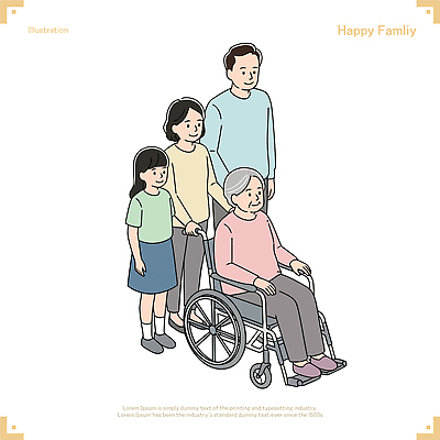 전신 여자 노년 남자 행복 할머니 어린이 일러스트 가족 미소 앉기 소녀 여러명 성인 화목 당기기 휠체어 요양 노인요양 일러캐릭터 AI파일 캐릭터 감정 다수 컨셉 관계 모션 표정 사람 간호 파일형식 벡터