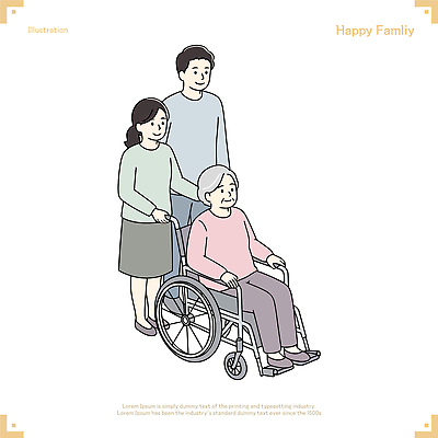 전신 여자 노년 남자 행복 할머니 일러스트 가족 미소 앉기 성인 세명 화목 당기기 휠체어 요양 노인요양 일러캐릭터 AI파일 캐릭터 감정 컨셉 관계 모션 표정 사람 간호 파일형식 벡터