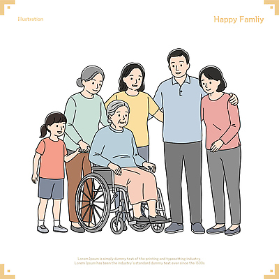 전신 여자 노년 남자 행복 할머니 어린이 일러스트 가족 어깨동무 미소 앉기 소녀 여러명 성인 화목 당기기 휠체어 요양 노인요양 일러캐릭터 AI파일 캐릭터 감정 포즈 다수 컨셉 관계 모션 표정 사람 간호 파일형식 벡터