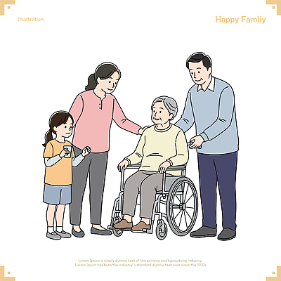 전신 여자 노년 남자 행복 할머니 어린이 일러스트 가족 미소 들기 앉기 소녀 여러명 성인 컵 파이팅 화목 당기기 휠체어 요양 노인요양 어깨에손 일러캐릭터 AI파일 캐릭터 식기 감정 다수 컨셉 관계 모션 표정 사람 간호 파일형식 벡터