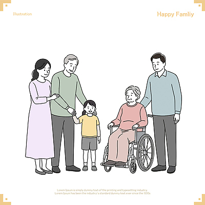 전신 여자 노년 남자 행복 할머니 어린이 일러스트 가족 미소 앉기 소녀 여러명 성인 팔짱 손잡기 화목 당기기 휠체어 요양 노인요양 일러캐릭터 AI파일 캐릭터 감정 다수 컨셉 관계 모션 표정 사람 간호 파일형식 벡터