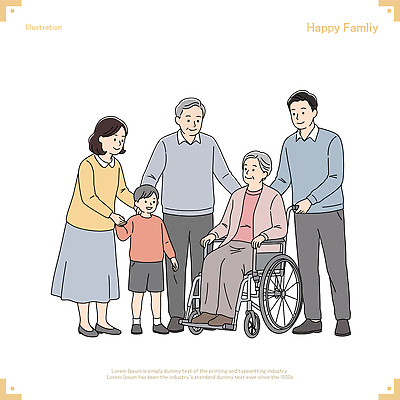 전신 여자 노년 남자 행복 할머니 어린이 일러스트 가족 미소 앉기 소년 여러명 성인 손잡기 화목 당기기 휠체어 요양 노인요양 어깨에손 일러캐릭터 AI파일 캐릭터 감정 다수 컨셉 관계 모션 표정 사람 간호 파일형식 벡터