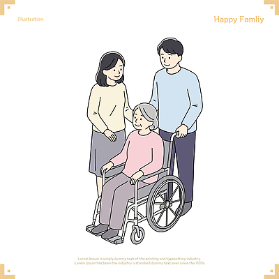 전신 여자 노년 남자 행복 할머니 일러스트 가족 미소 앉기 성인 세명 화목 당기기 휠체어 요양 노인요양 일러캐릭터 AI파일 캐릭터 감정 컨셉 관계 모션 표정 사람 간호 파일형식 벡터