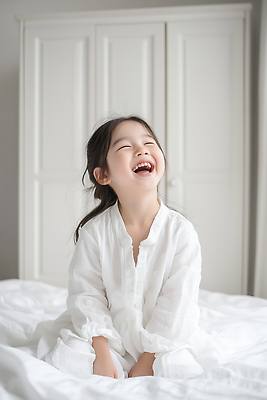 JPG 전신 편집이미지 여자 어린이 실내 한명 웃음 소녀 침실 이불 잠옷 흰색 침대 장롱 순수 의료성형뷰티 소녀한명만 편집실사 AI인물포토 AI콘텐츠 1 옷 컬러 가구 컨셉 침구 표정 사람 내부 CG 여자한명만 소녀만 파일형식 AI포토