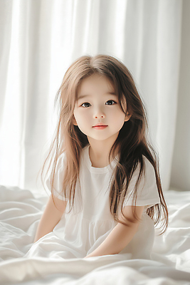 JPG 전신 편집이미지 여자 어린이 실내 한명 웃음 앉기 소녀 침실 이불 잠옷 흰색 침대 순수 의료성형뷰티 소녀한명만 편집실사 AI인물포토 AI콘텐츠 1 옷 컬러 가구 컨셉 침구 모션 표정 사람 내부 CG 여자한명만 소녀만 파일형식 AI포토